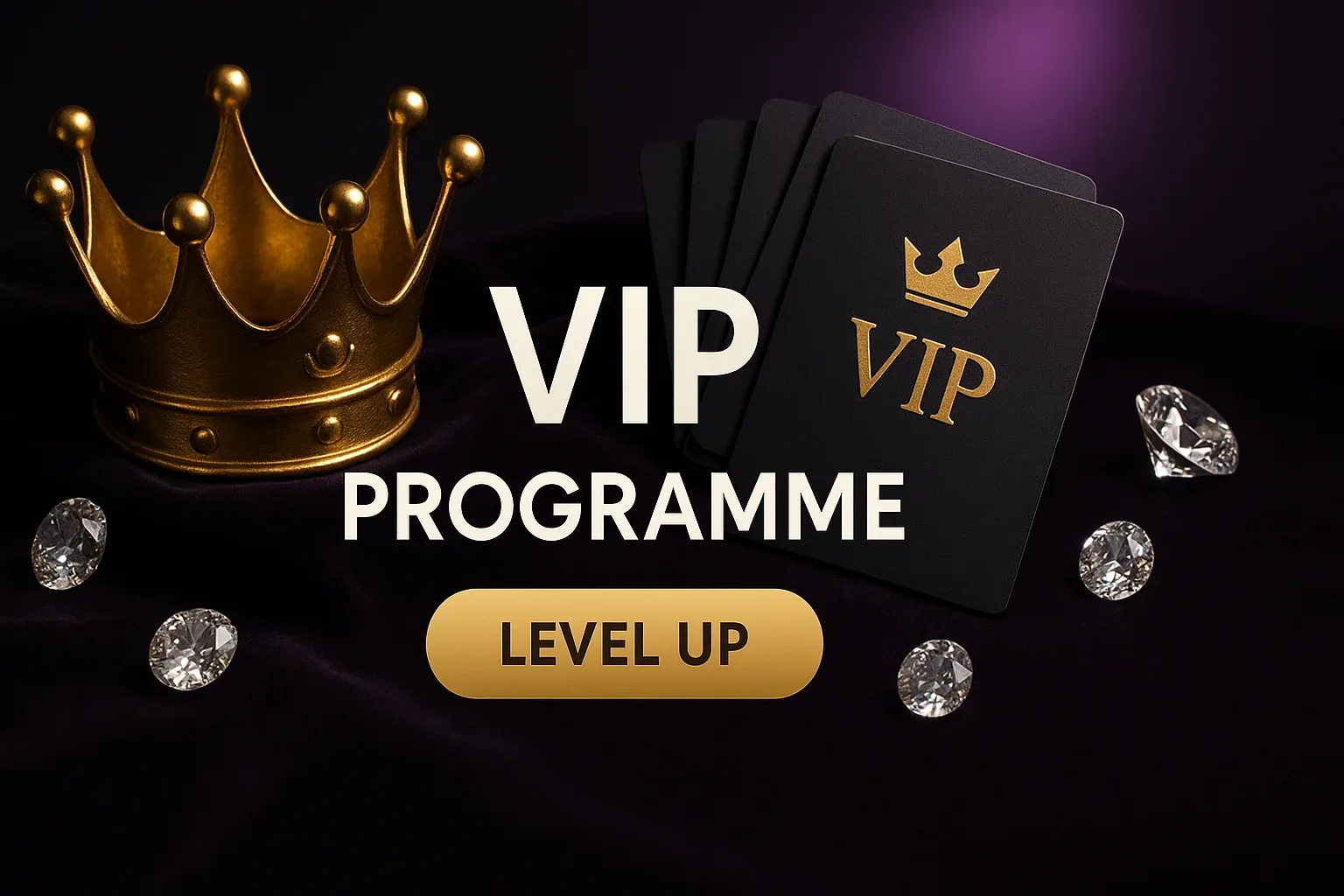Photorealistic casino VIP programme banner with crown, cards, diamonds and CTA