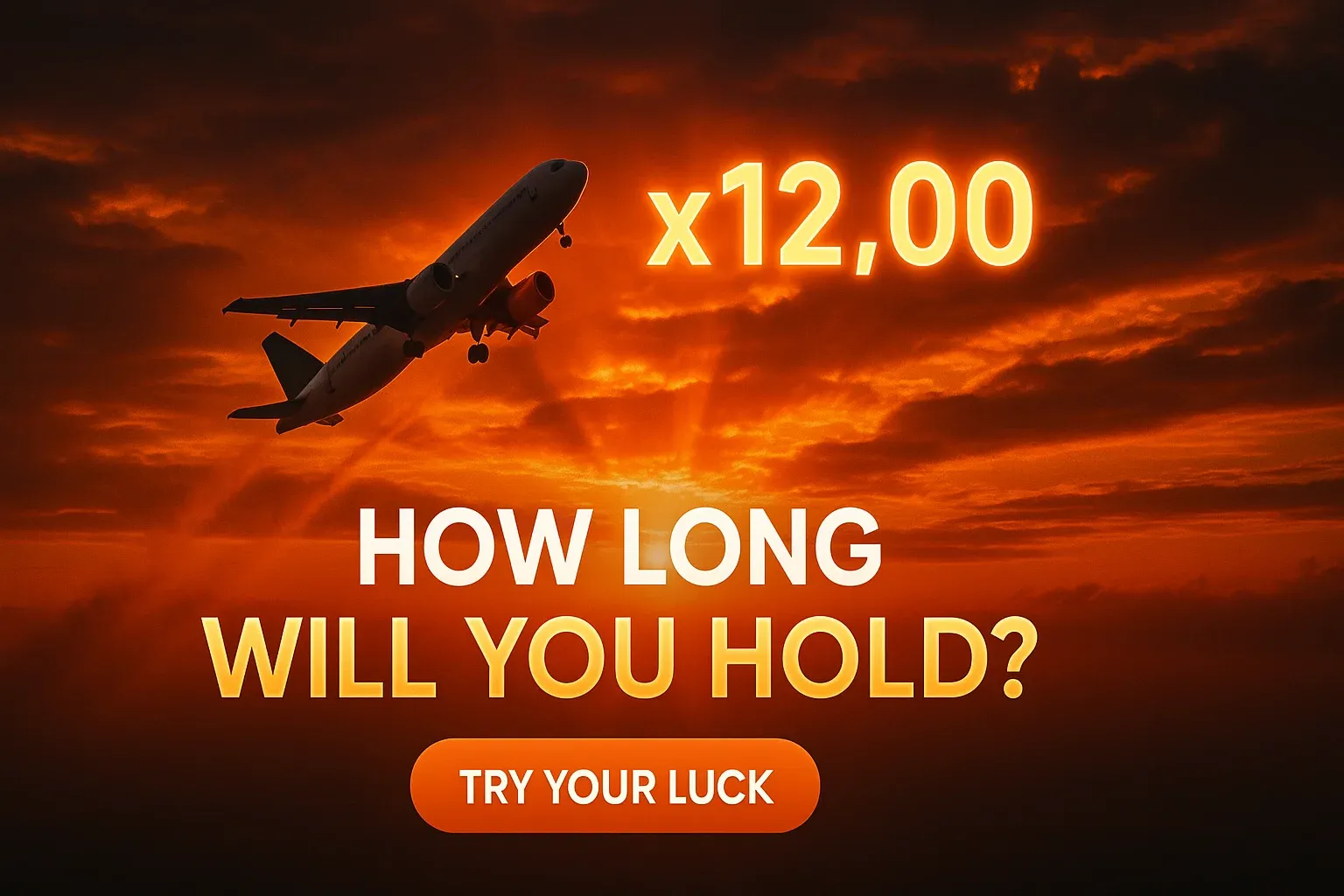 Photorealistic aircraft climbing at orange sunset with glowing x12 multiplier and CTA