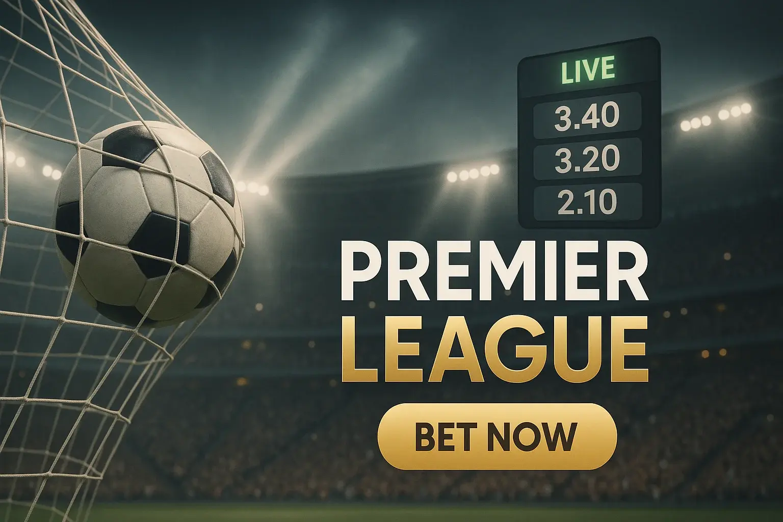 Photorealistic Premier League stadium banner with live odds board and bet now CTA