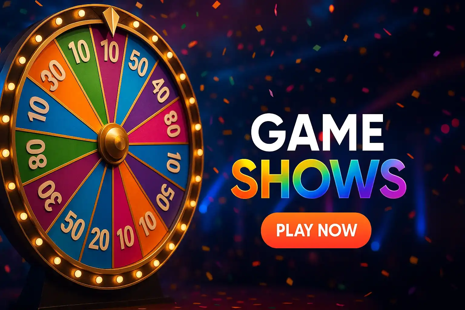 Photorealistic live casino banner with spinning game-show wheel and play now button