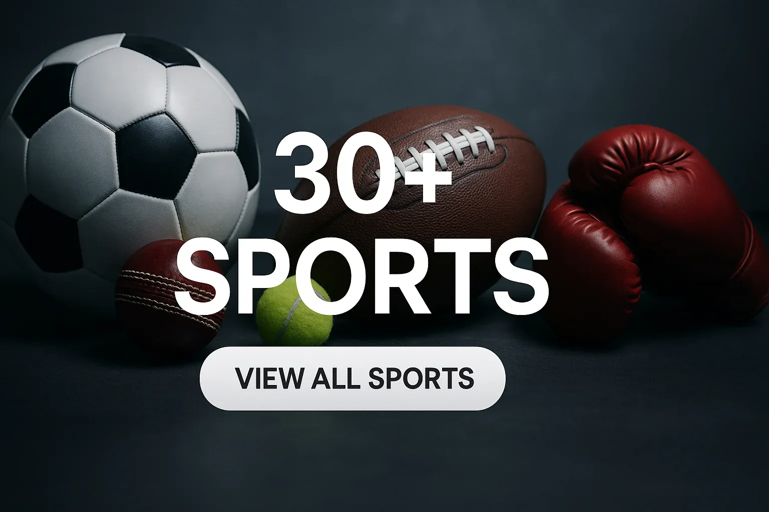 Wide casino banner with sports equipment and sports betting call to action